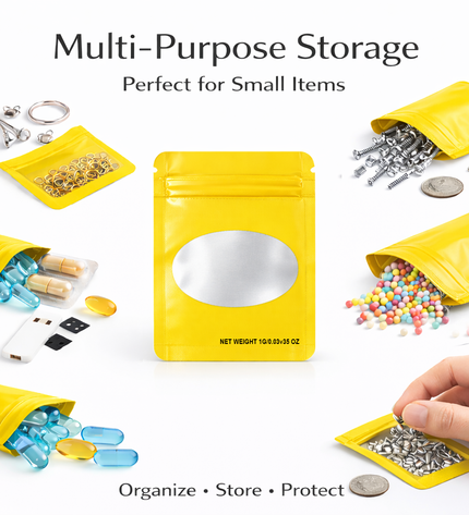 100 Pack – 1g Solid Color Mylar Bags with Oval Window - Yellow