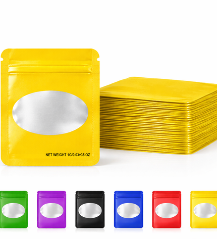 100 Pack – 1g Solid Color Mylar Bags with Oval Window - Yellow