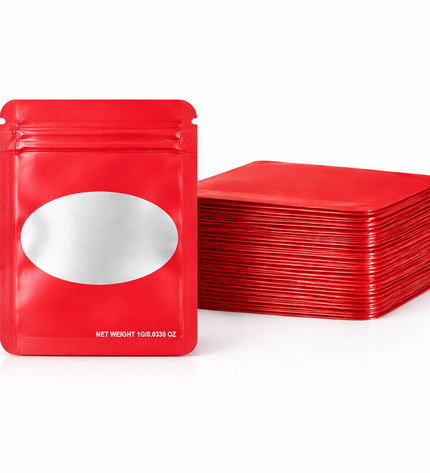 100 Pack – 1g Solid Color Mylar Bags with Oval Window - Red