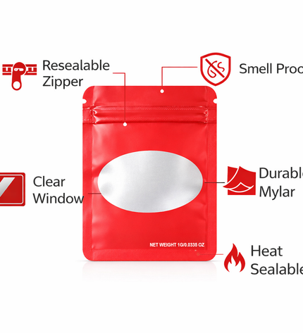 100 Pack – 1g Solid Color Mylar Bags with Oval Window - Red