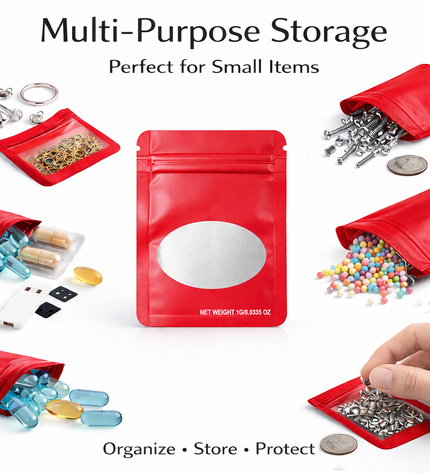 100 Pack – 1g Solid Color Mylar Bags with Oval Window - Red