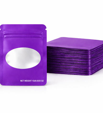 100 Pack – 1g Solid Color Mylar Bags with Oval Window - Purple