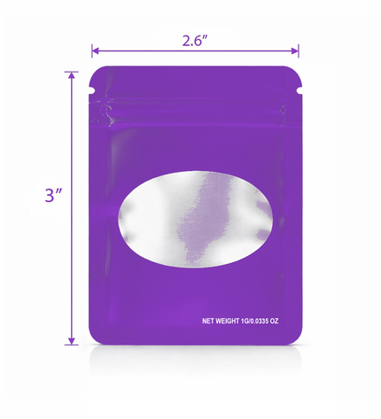 100 Pack – 1g Solid Color Mylar Bags with Oval Window - Purple