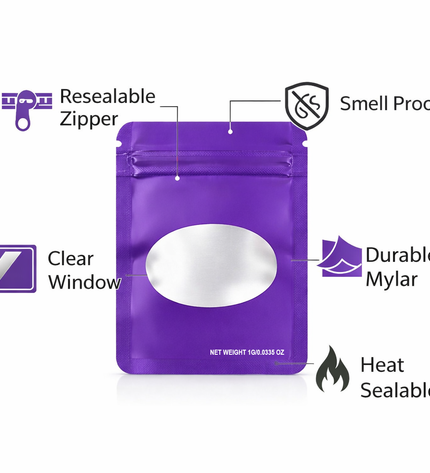 100 Pack – 1g Solid Color Mylar Bags with Oval Window - Purple
