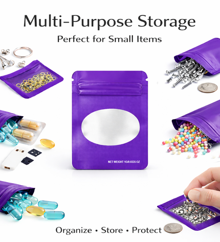 100 Pack – 1g Solid Color Mylar Bags with Oval Window - Purple