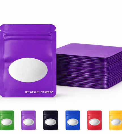 100 Pack – 1g Solid Color Mylar Bags with Oval Window - Purple