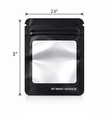 100 Pack – 1g Solid Color Mylar Bags with Square Window - Black