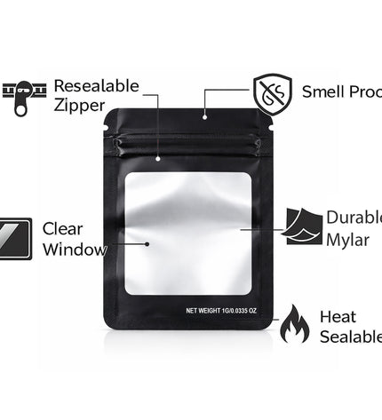 100 Pack – 1g Solid Color Mylar Bags with Square Window - Black