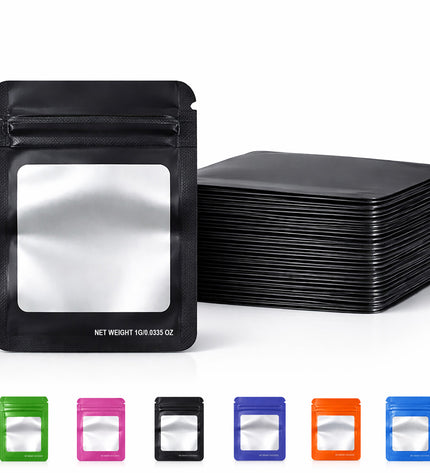 100 Pack – 1g Solid Color Mylar Bags with Square Window - Black