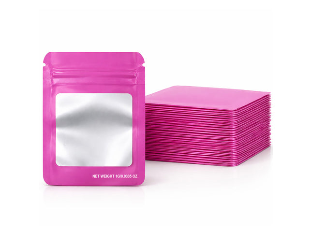 100 Pack – 1g Solid Color Mylar Bags with Square Window - Pink