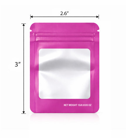 100 Pack – 1g Solid Color Mylar Bags with Square Window - Pink