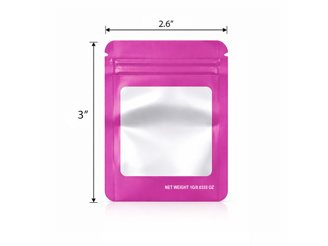 100 Pack – 1g Solid Color Mylar Bags with Square Window - Pink