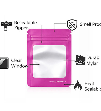 100 Pack – 1g Solid Color Mylar Bags with Square Window - Pink