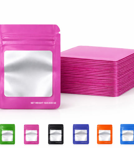 100 Pack – 1g Solid Color Mylar Bags with Square Window - Pink