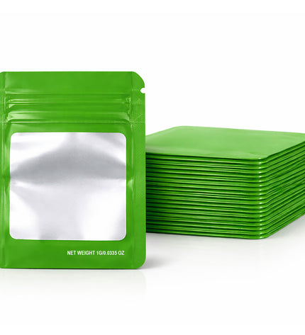 100 Pack – 1g Solid Color Mylar Bags with Square Window - Green
