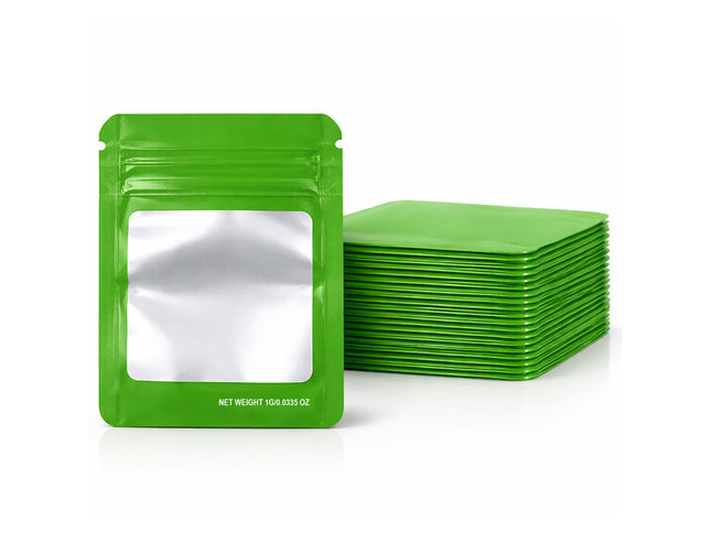 100 Pack – 1g Solid Color Mylar Bags with Square Window - Green