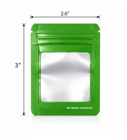 100 Pack – 1g Solid Color Mylar Bags with Square Window - Green