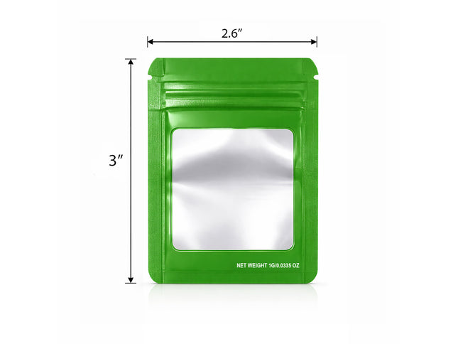 100 Pack – 1g Solid Color Mylar Bags with Square Window - Green
