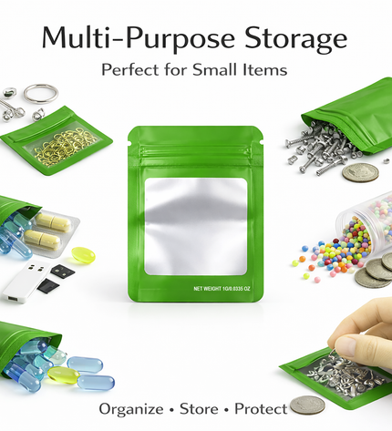 100 Pack – 1g Solid Color Mylar Bags with Square Window - Green