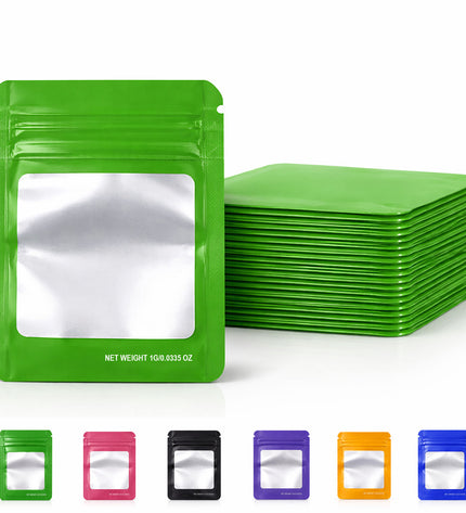 100 Pack – 1g Solid Color Mylar Bags with Square Window - Green