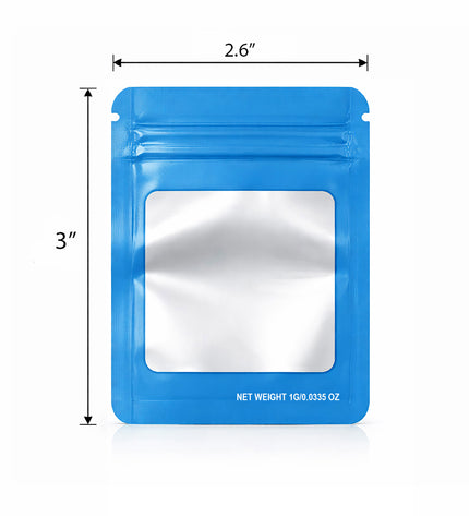 100 Pack – 1g Solid Color Mylar Bags with Square Window - Light Blue