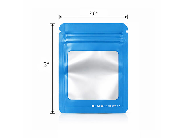 100 Pack – 1g Solid Color Mylar Bags with Square Window - Light Blue