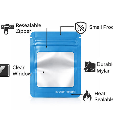 100 Pack – 1g Solid Color Mylar Bags with Square Window - Light Blue