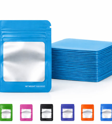 100 Pack – 1g Solid Color Mylar Bags with Square Window - Light Blue