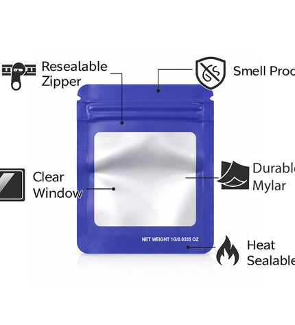 100 Pack – 1g Solid Color Mylar Bags with Square Window - Purple