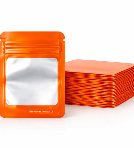 100 Pack – 1g Solid Color Mylar Bags with Square Window - Orange