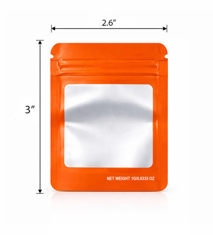 100 Pack – 1g Solid Color Mylar Bags with Square Window - Orange
