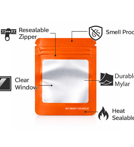 100 Pack – 1g Solid Color Mylar Bags with Square Window - Orange