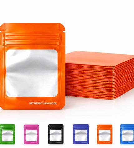 100 Pack – 1g Solid Color Mylar Bags with Square Window - Orange