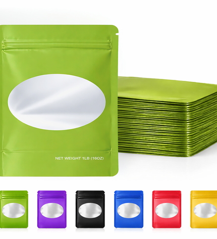 25 Pack – 1lb Solid Color Mylar Bags with Oval Window - Green