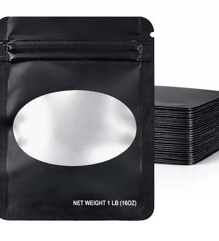 25 Pack – 1lb Solid Color Mylar Bags with Oval Window - Black