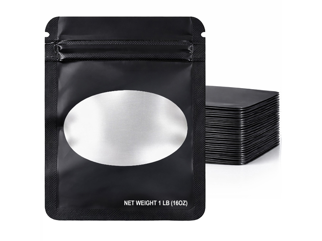 25 Pack – 1lb Solid Color Mylar Bags with Oval Window - Black
