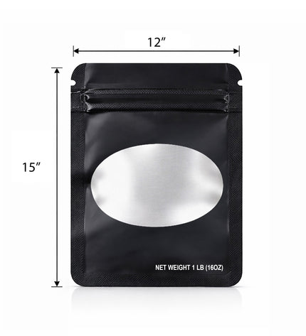25 Pack – 1lb Solid Color Mylar Bags with Oval Window - Black