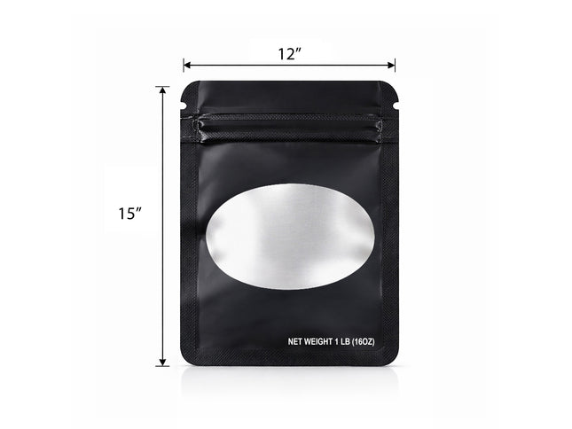 25 Pack – 1lb Solid Color Mylar Bags with Oval Window - Black