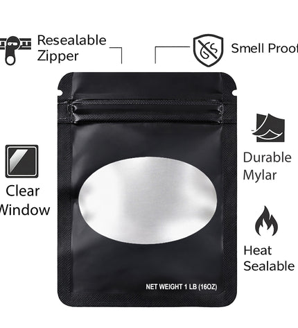 25 Pack – 1lb Solid Color Mylar Bags with Oval Window - Black