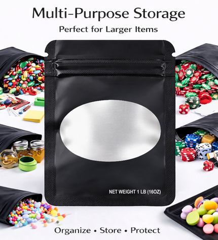 25 Pack – 1lb Solid Color Mylar Bags with Oval Window - Black