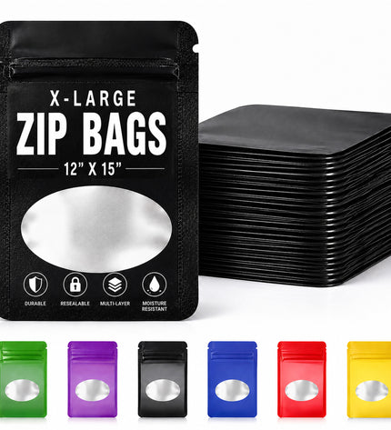 25 Pack - X-Large Solid Color Zip-Seal Foil Pouches (12"x15") Oval Window Selection