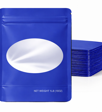 25 Pack – 1lb Solid Color Mylar Bags with Oval Window - Blue