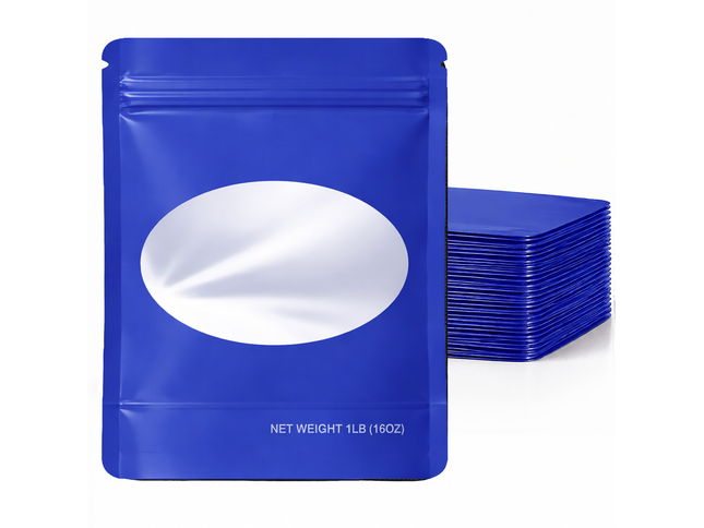 25 Pack – 1lb Solid Color Mylar Bags with Oval Window - Blue