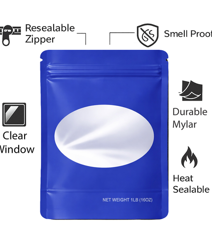 25 Pack – 1lb Solid Color Mylar Bags with Oval Window - Blue