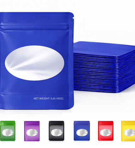 25 Pack – 1lb Solid Color Mylar Bags with Oval Window - Blue