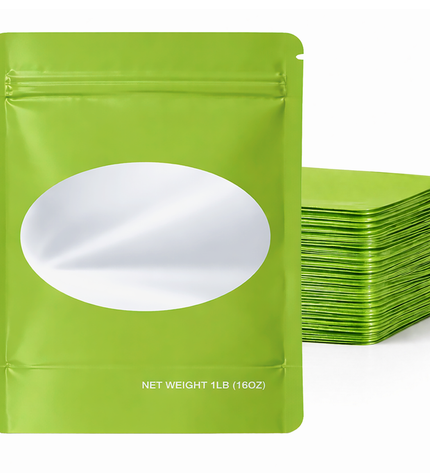 25 Pack – 1lb Solid Color Mylar Bags with Oval Window - Green
