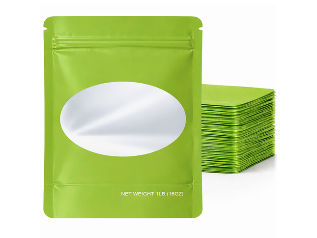 25 Pack – 1lb Solid Color Mylar Bags with Oval Window - Green