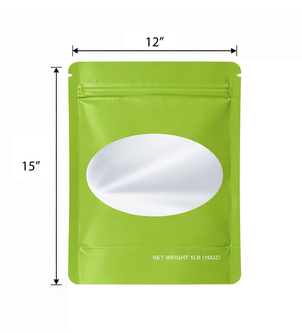 25 Pack – 1lb Solid Color Mylar Bags with Oval Window - Green