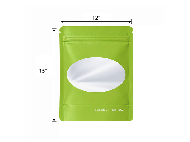 25 Pack – 1lb Solid Color Mylar Bags with Oval Window - Green