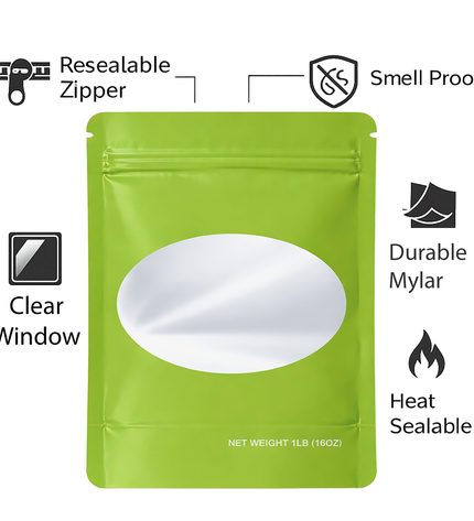 25 Pack – 1lb Solid Color Mylar Bags with Oval Window - Green
